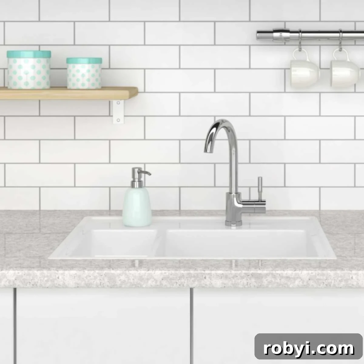 Clean kitchen sink with a soap dispenser and 2 shelves above it.