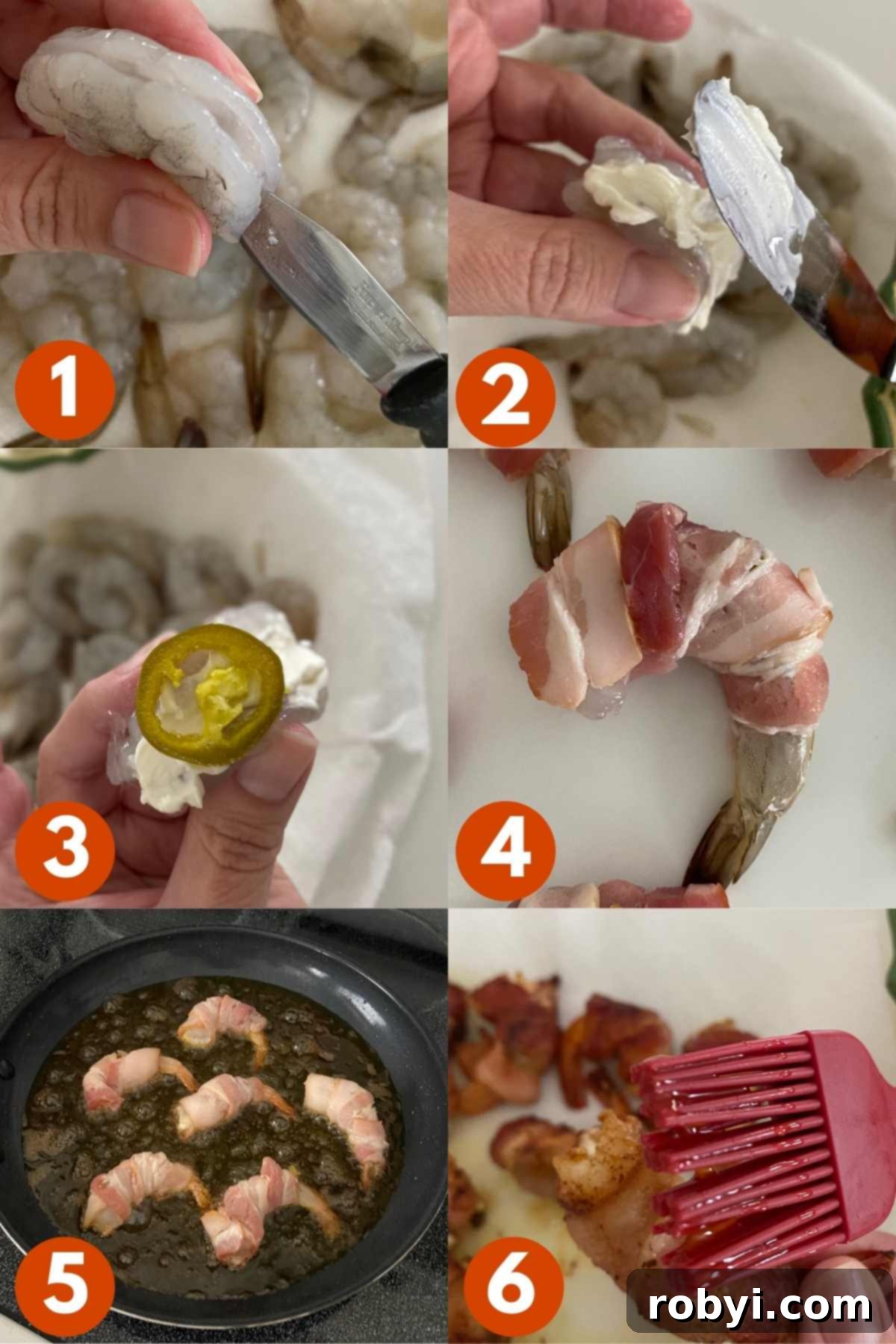 A numbered picture collage showing the step-by-step process to create Stuffed Bacon-Wrapped Shrimp.