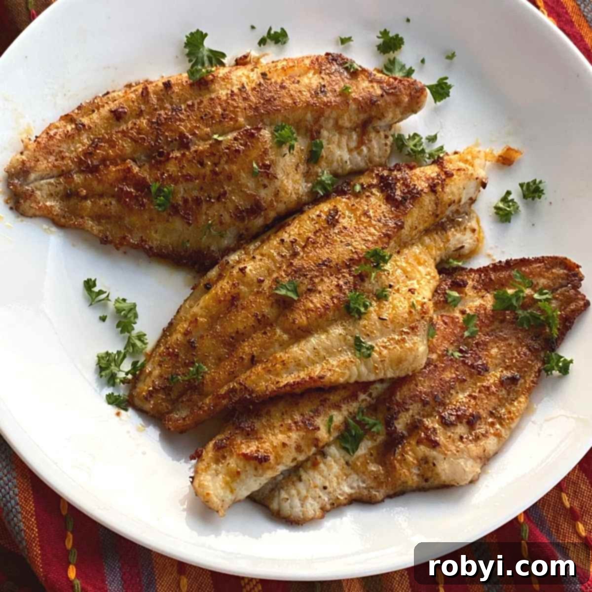 Three golden-brown Cajun catfish fillets artfully arranged on a plate, garnished with fresh herbs.