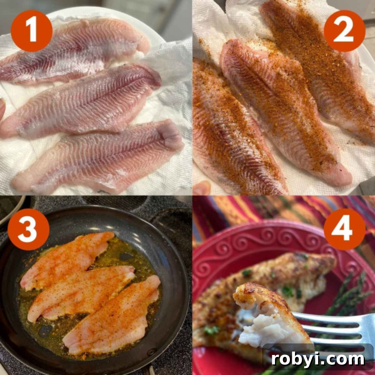 A visual guide showing four steps to cook Cajun catfish: 1) raw fillets, 2) seasoned fillets, 3) cooking in a pan, 4) a fork flaking cooked fish.