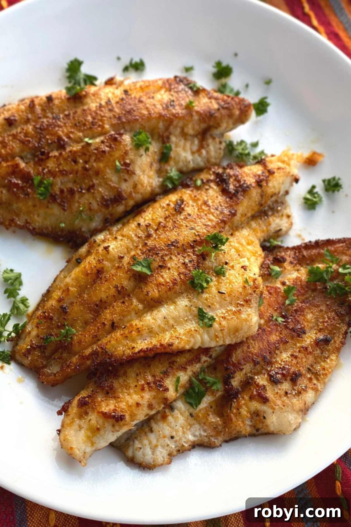 Perfectly cooked Cajun blackened catfish fillets resting on a white plate, subtly garnished with fresh parsley for color.