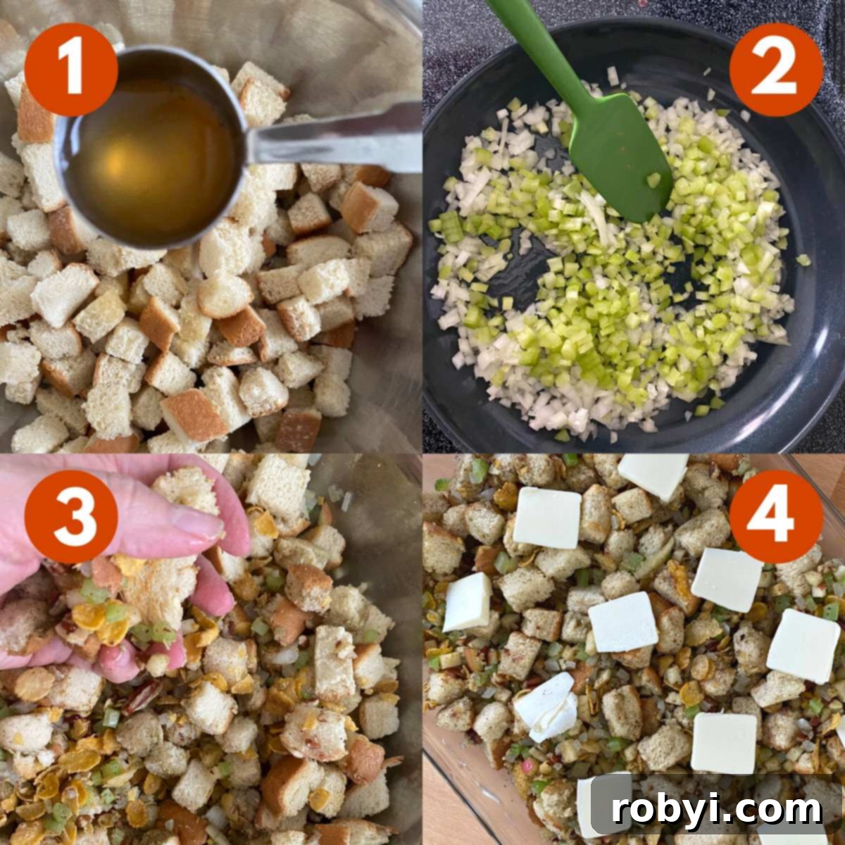 Prep-Ahead Oven Stuffing 5 A visual collage illustrating the numbered steps involved in preparing homemade bread stuffing, from mixing ingredients to the final baked dish.