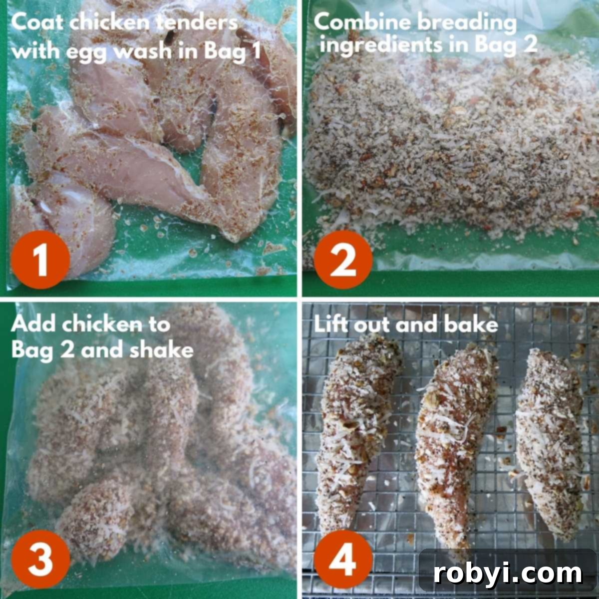 Labeled and numbered collage of steps to easily bread chicken tenders.