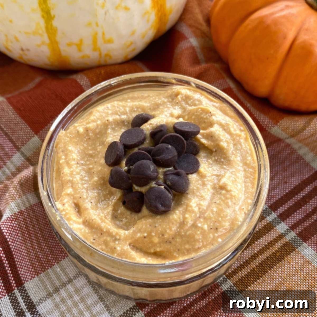 Whipped pumpkin cottage cheese in a clear glass cup topped with chocolate chips, with two decorative pumpkins in the background.