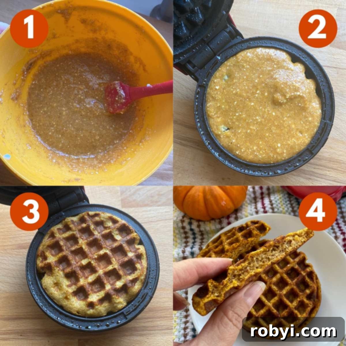 Collage of steps to make pumpkin chaffles: 1) batter being stirred, batter in waffle maker, 3) cooked pumpkin chaffle in waffle maker, 4) hand holding half a pumpkin chaffle.