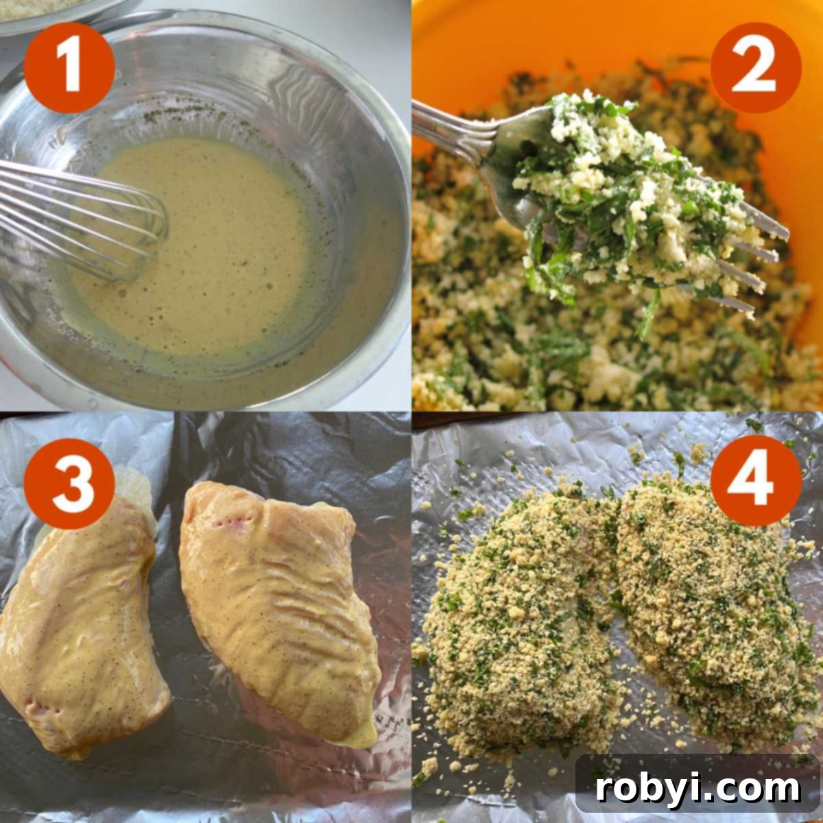 A numbered collage of step-by-step pictures showing the process of making herb crusted turkey tenderloin, from preparing the glaze to applying the breading.