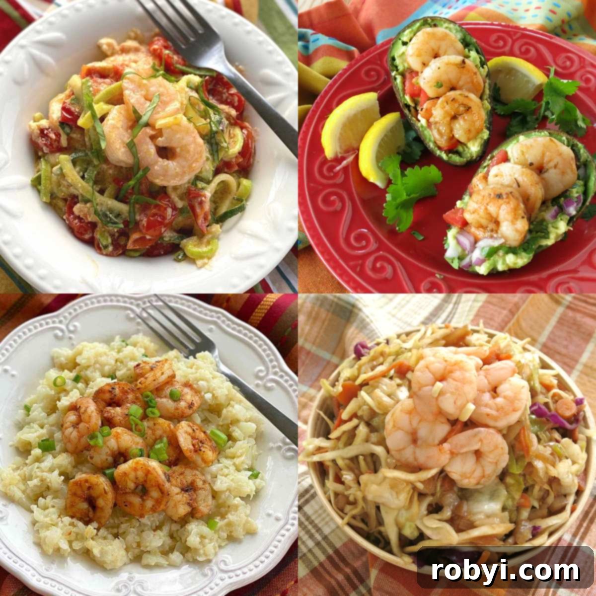Collage of shrimp with diverse side dishes: cheesy cauliflower grits, vibrant sauteed cabbage, fresh feta zoodles, and savory guacamole boats.