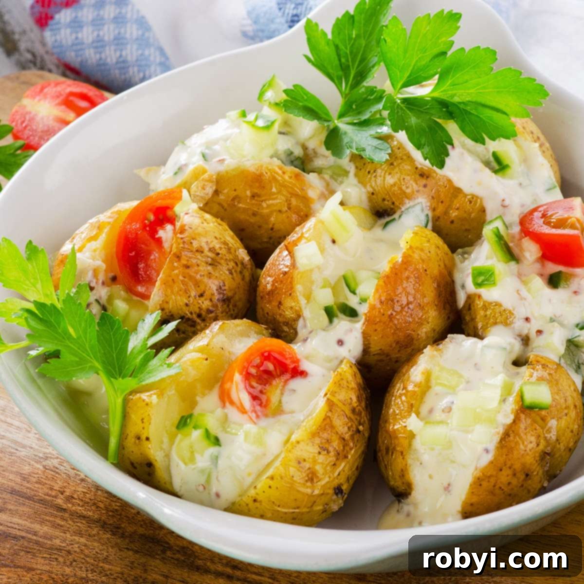 A platter of perfectly baked potatoes, with creamy, flavorful filling spilling out.