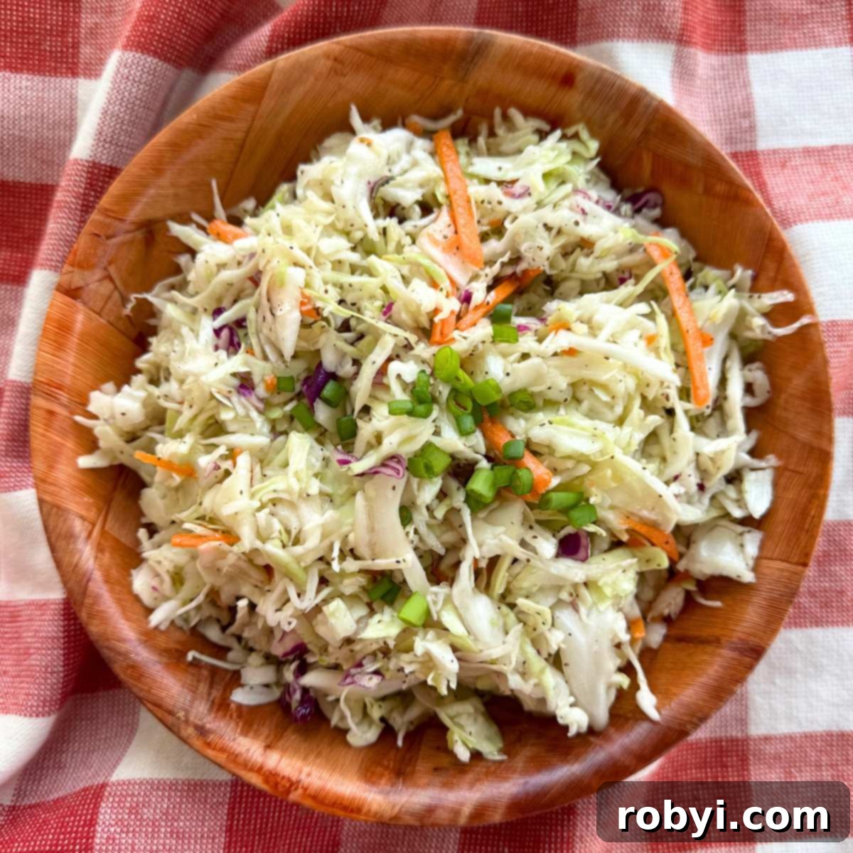 Southern coleslaw with a tangy vinegar dressing, served in a rustic brown bowl on a red checkered cloth.