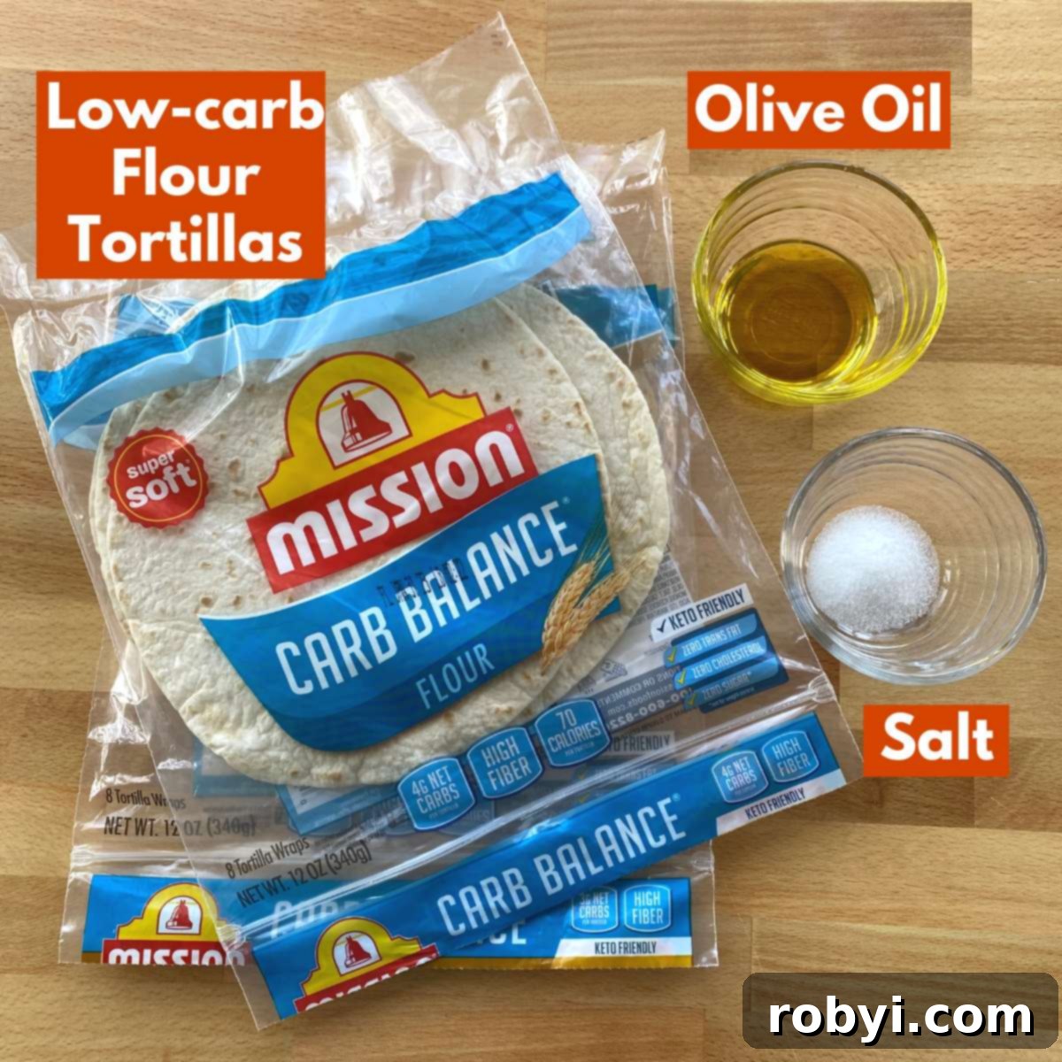 Ingredients laid out for making low-carb tortilla chips: low-carb tortillas, a bottle of olive oil, and a small bowl of sea salt.