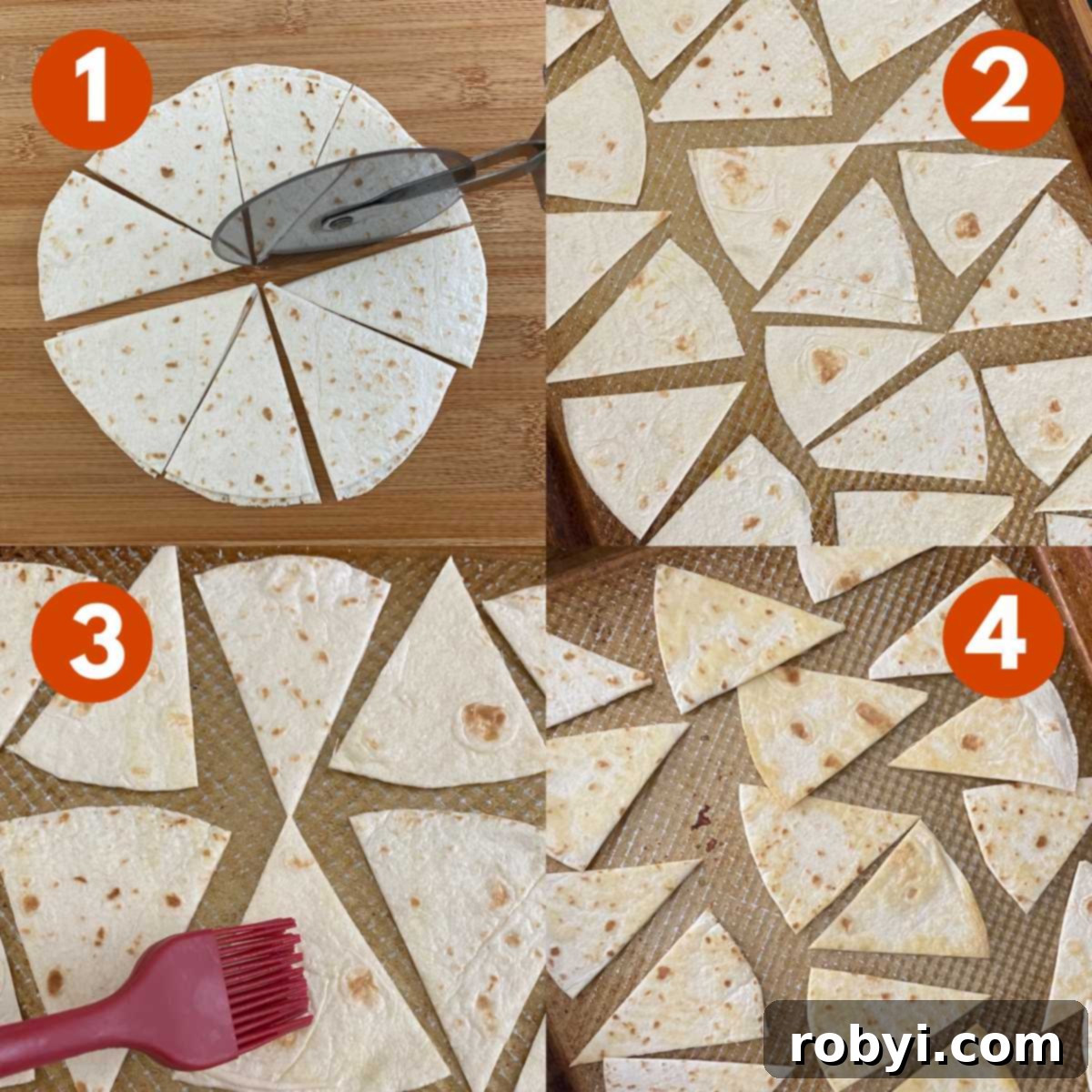 A picture collage showing the steps to make low-carb tortilla chips: 1) Cutting tortillas into ⅛ths, 2) Spreading wedges on a baking sheet, 3) Brushing with olive oil, 4) Crisped chips on the pan.