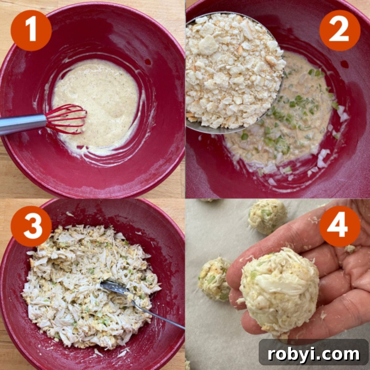 Collage of directions to make crab balls: 1) wet ingredients in bowl 2) crushed saltines being added to bowl with wet ingredients plus celery and onion, 3) crab mixture, 4) hand holding ball of crab mixture.