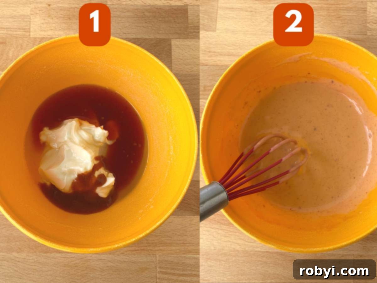 Collage of pictures showing the steps to make Bang Bang Sauce: 1) individual ingredients in a small bowl before mixing, 2) mixed ingredients in a bowl with a whisk, showing smooth, creamy texture.