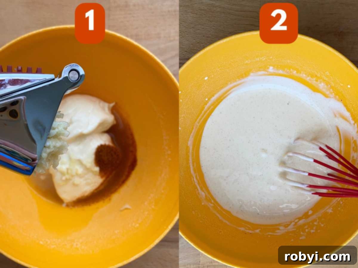 Homemade Lemon Garlic Aioli: Simple & Delicious 4 A two-part collage showing the process of making lemon garlic aioli. The first image depicts mayonnaise, lemon juice, and paprika in a bowl, with fresh garlic being pressed directly into the mixture. The second image shows a whisk actively combining all the ingredients in the bowl, illustrating the quick and easy preparation.