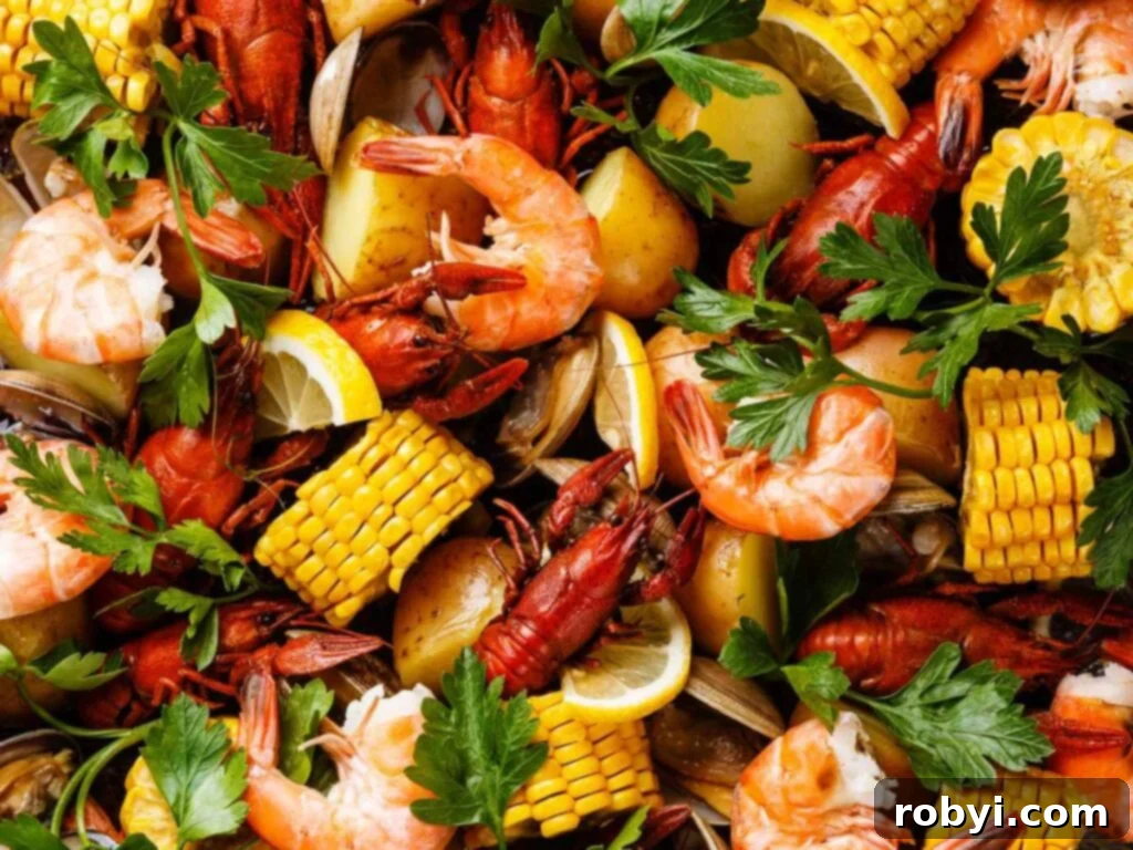 Shrimp, fish, corn on the cob, and parsley from a seafood boil spread out on a platter.