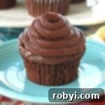 Eggless chocolate cupcake with dairy-free frosting on a plate.