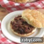 Slow cooker pulled pork tenderloin in blackberry bbq sauce on a bun.