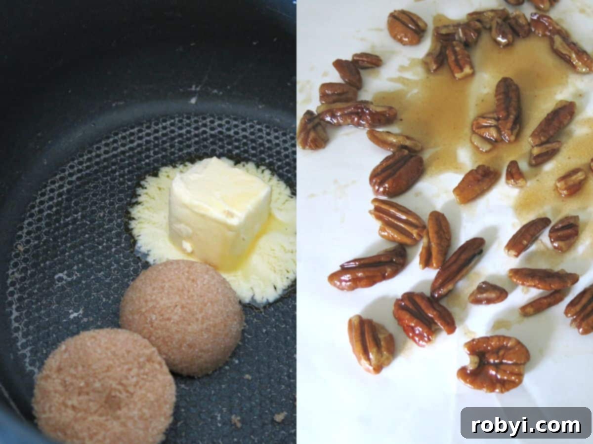 A two-part image showing the process of candying pecans. On the left, butter and brown sugar are melting in a pan. On the right, perfectly coated pecans are cooling and setting on wax paper.