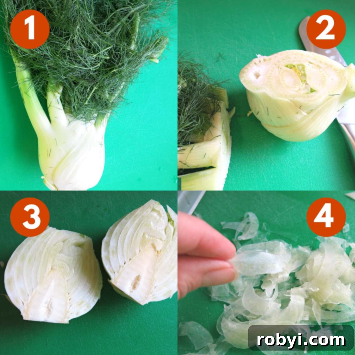 A step-by-step collage demonstrating how to shave fennel. Image 1 shows a whole fennel bulb with its fronds. Image 2 shows the bulb with roots removed. Image 3 shows the bulb cut in half. Image 4 displays fingers holding up delicate, paper-thin slices of fennel, perfectly cut with a mandoline.