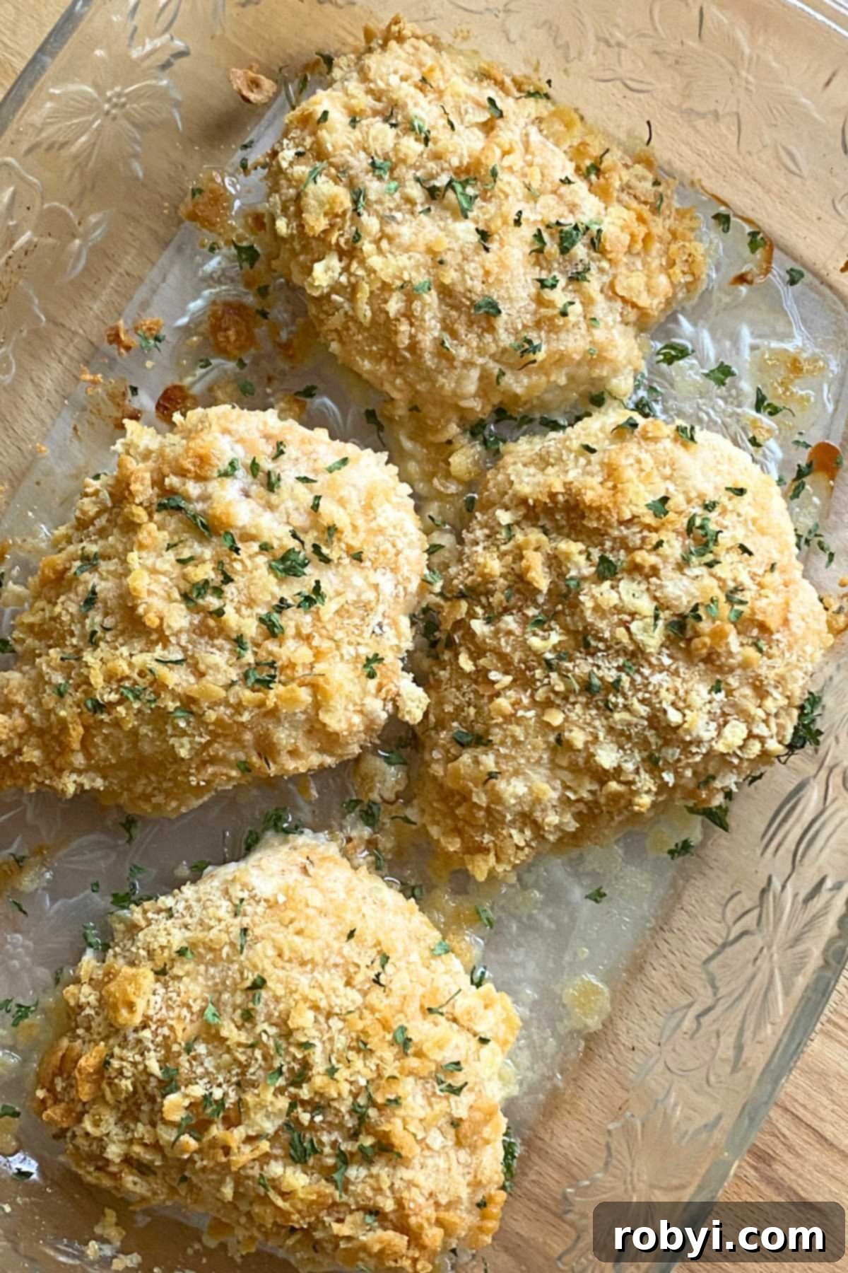 Crispy Ritz Cracker Chicken Perfection 8 Baked heavenly chicken in a glass dish with parsley sprinkled over the top.