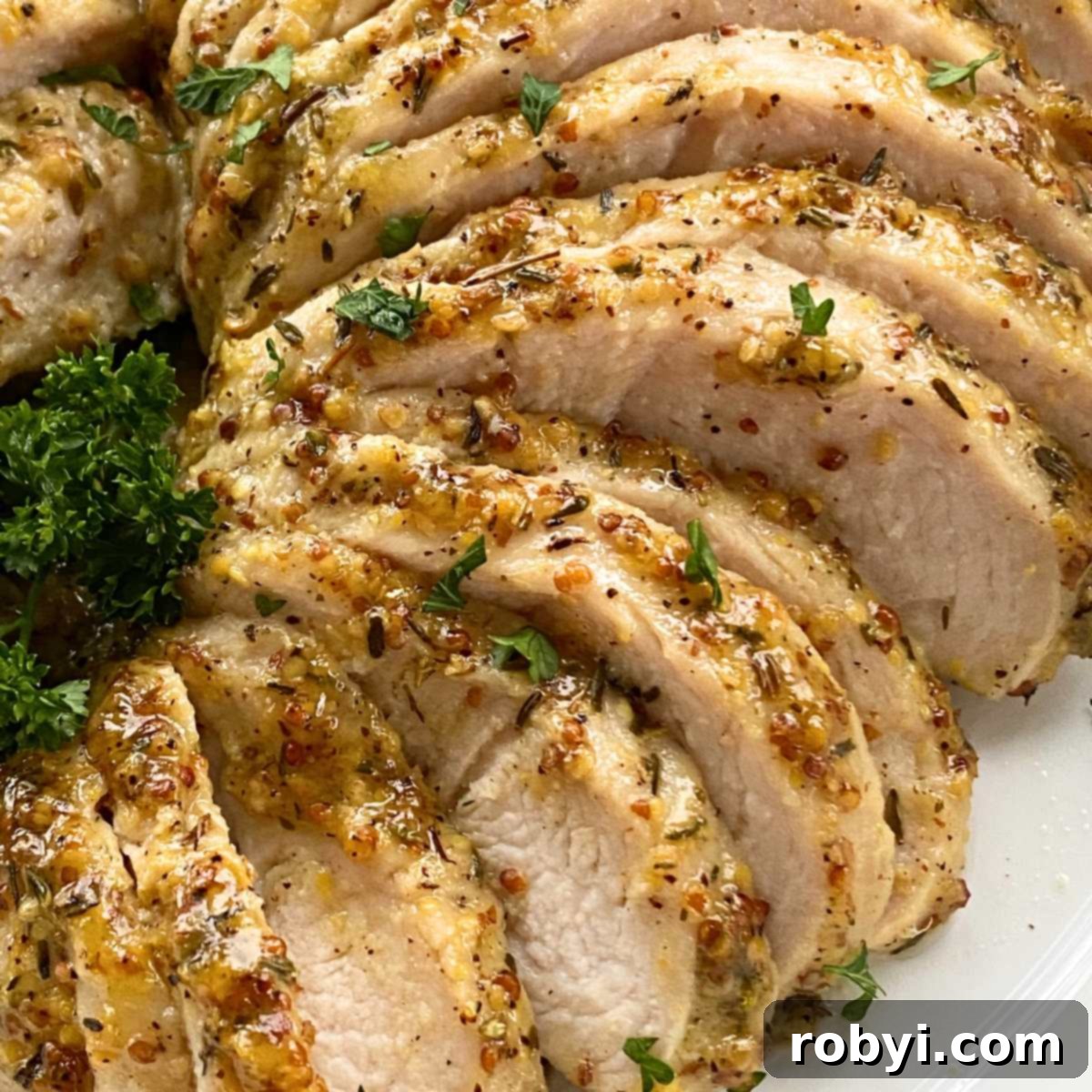 Slices of turkey tenderloin that have been marinated in a mixture of maple syrup, olive oil, stone ground dijon mustard, dried thyme leaves, salt, and pepper.