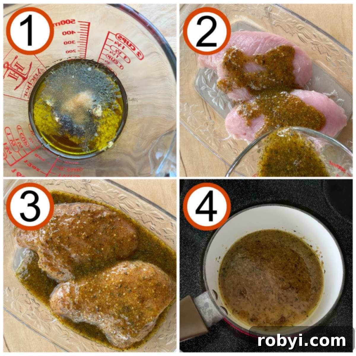 Numbered steps to make marinade: 1) Ingredients in a glass measuring cup. 2) Marinade being poured over turkey tenderloin in glass dish. 3) Turkey tenderloins covered in marinade. 4) Excess marinade in a small sauce pot on a stovetopo.