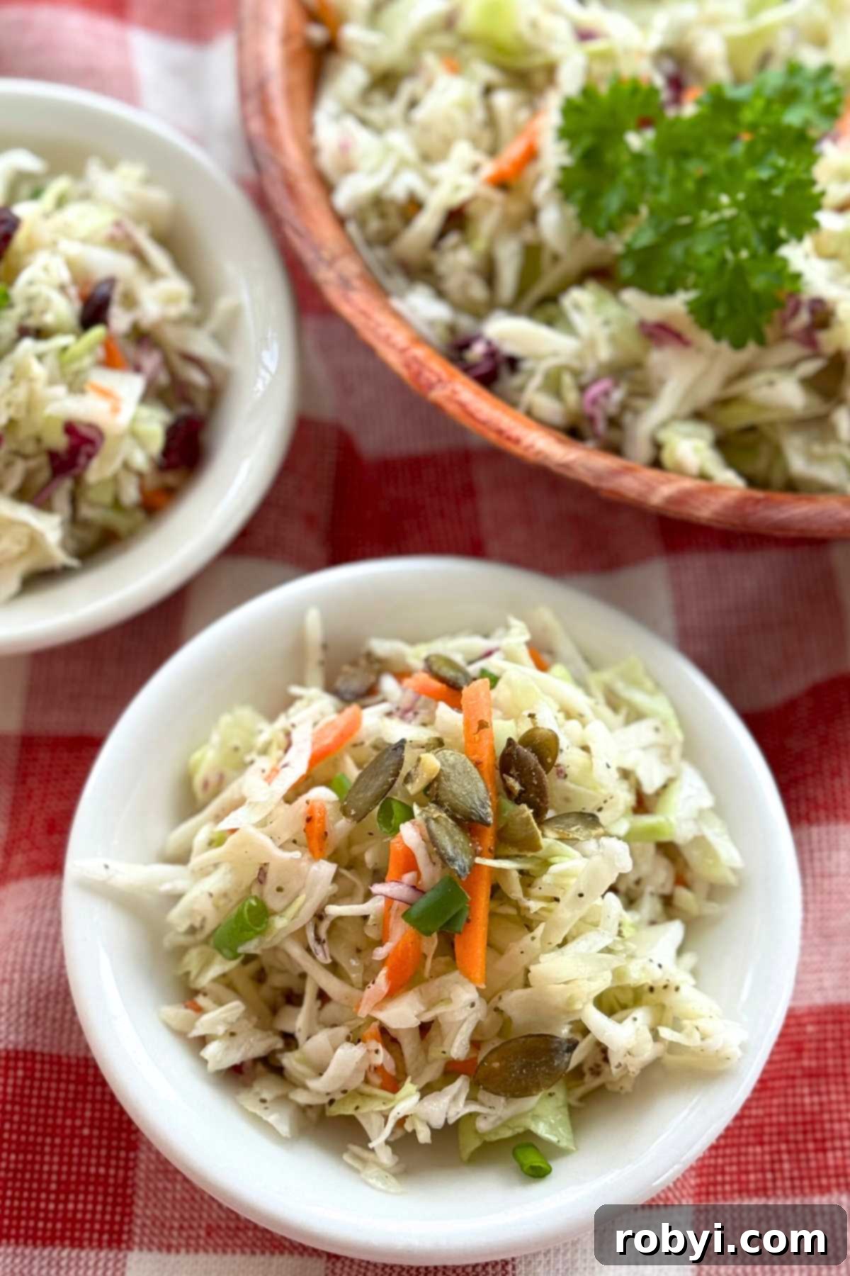 Small bowl of coleslaw mixed with vinegar dressing and topped with sliced green onions and sunflower seeds.