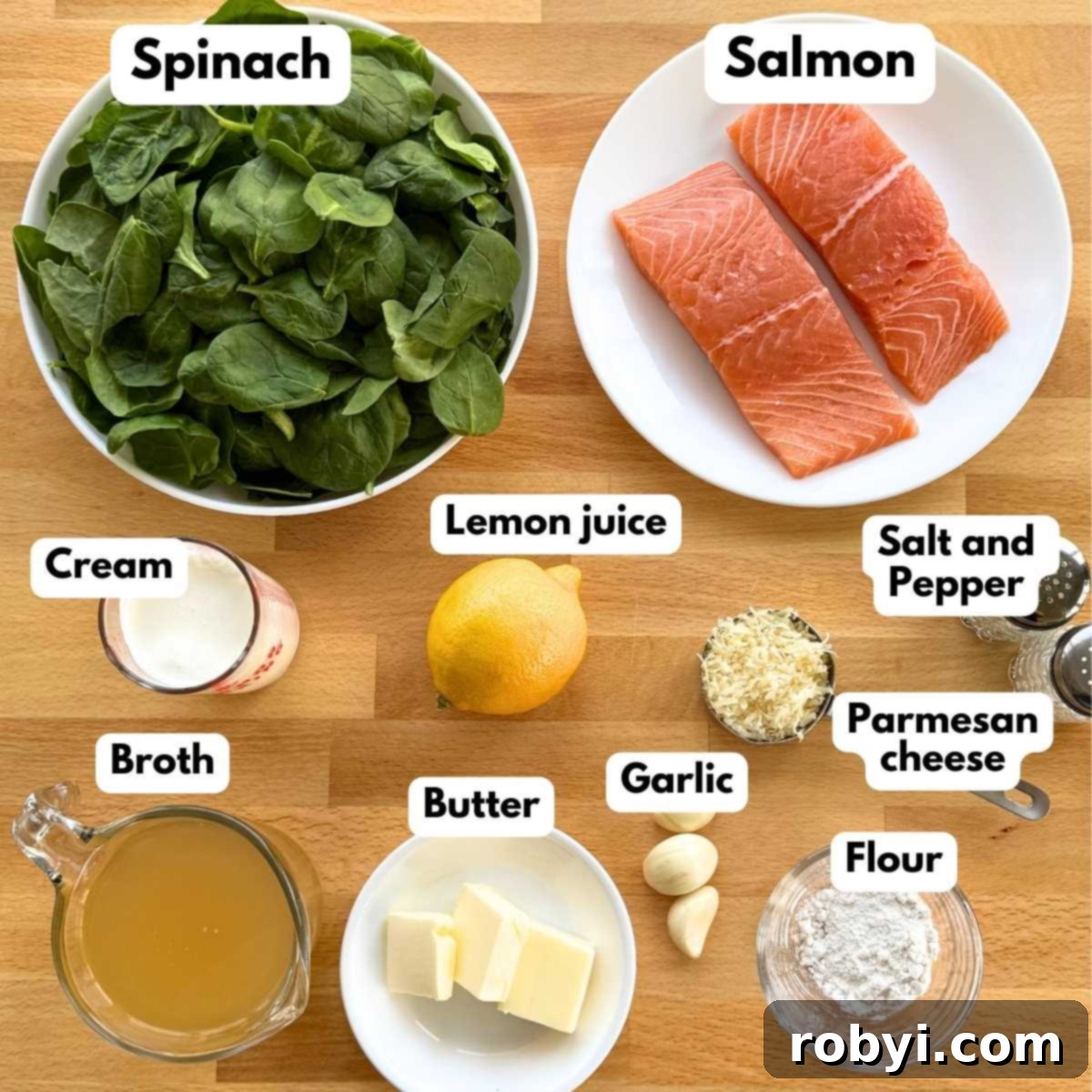 Labeled ingredients to make recipe: salmon, fresh spinach, heavy cream, lemon juice, salt and pepper, Parmesan cheese, chicken broth, butter, garlic, and flour.