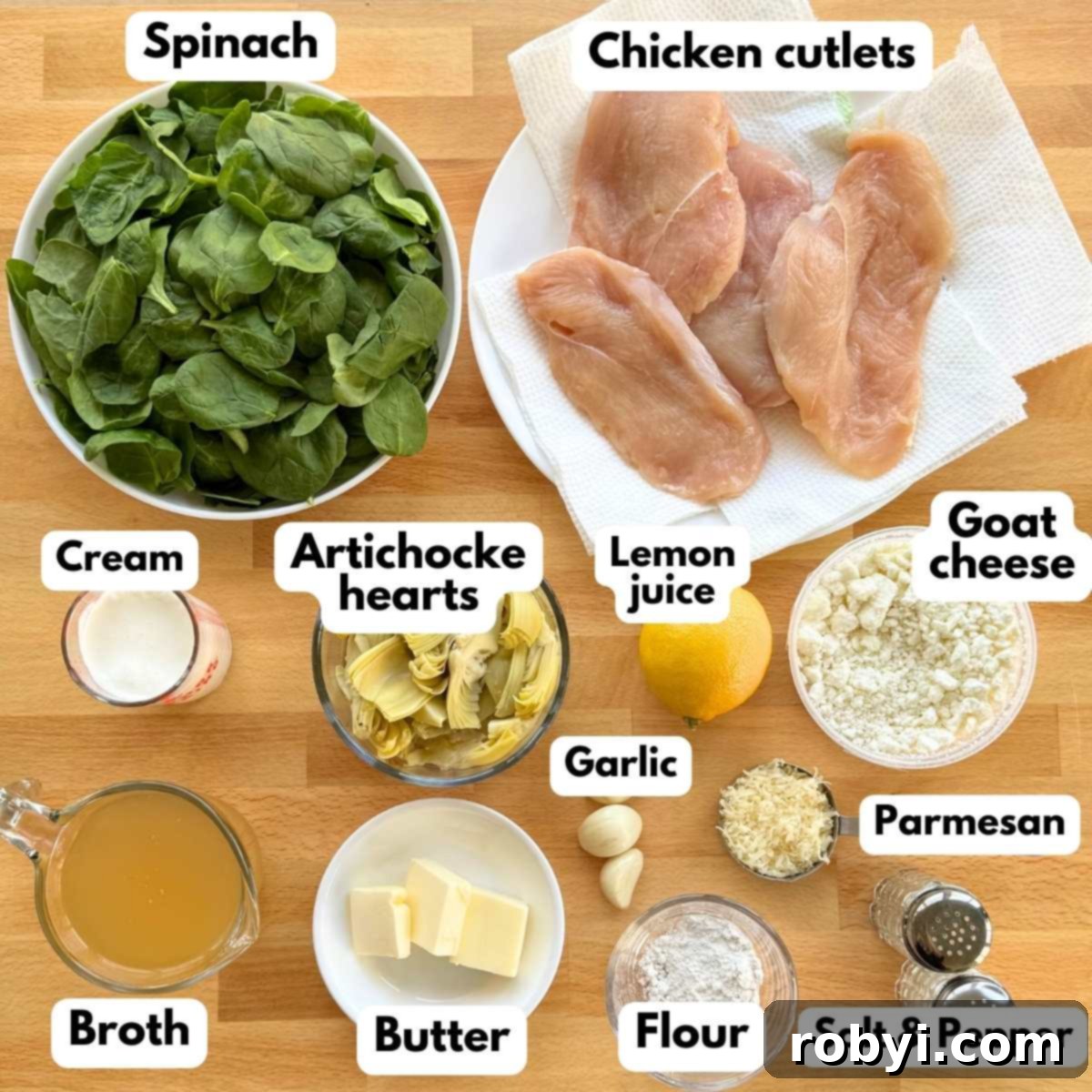 Ingredients to make recipe: chicken cutlets, spinach, cream, artichoke hearts, lemon juice, goat cheese, garlic, Parmesan cheese, broth, butter, flour, salt and pepper.