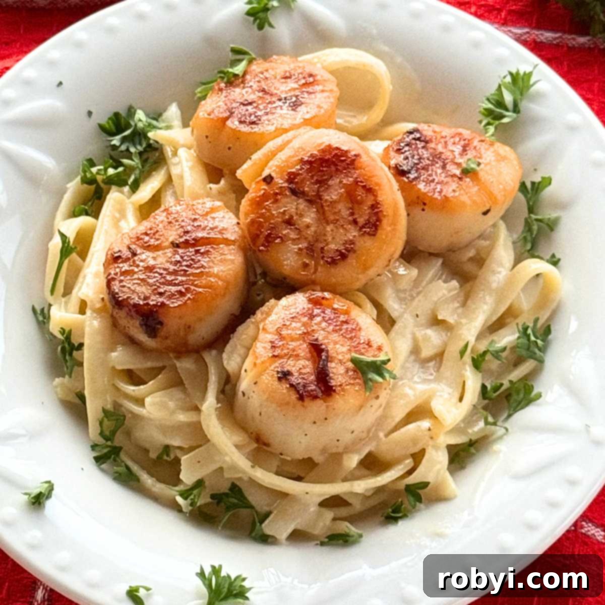 Quick and Creamy Scallop Fettuccine Alfredo 2 Five seared sea scallops over creamy fettuccine alfredo garnished with parsley in a white bowl.