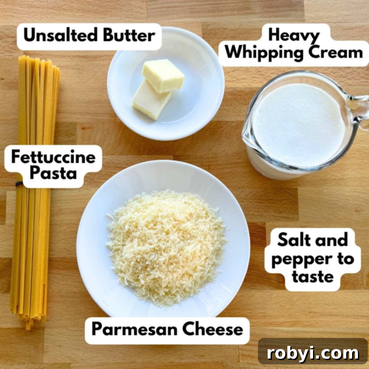 Quick and Creamy Scallop Fettuccine Alfredo 3 Ingredients to make fettucinne alfredo: fettuccine pasta, Parmesan cheese, heavy whipping cream, and, butter.