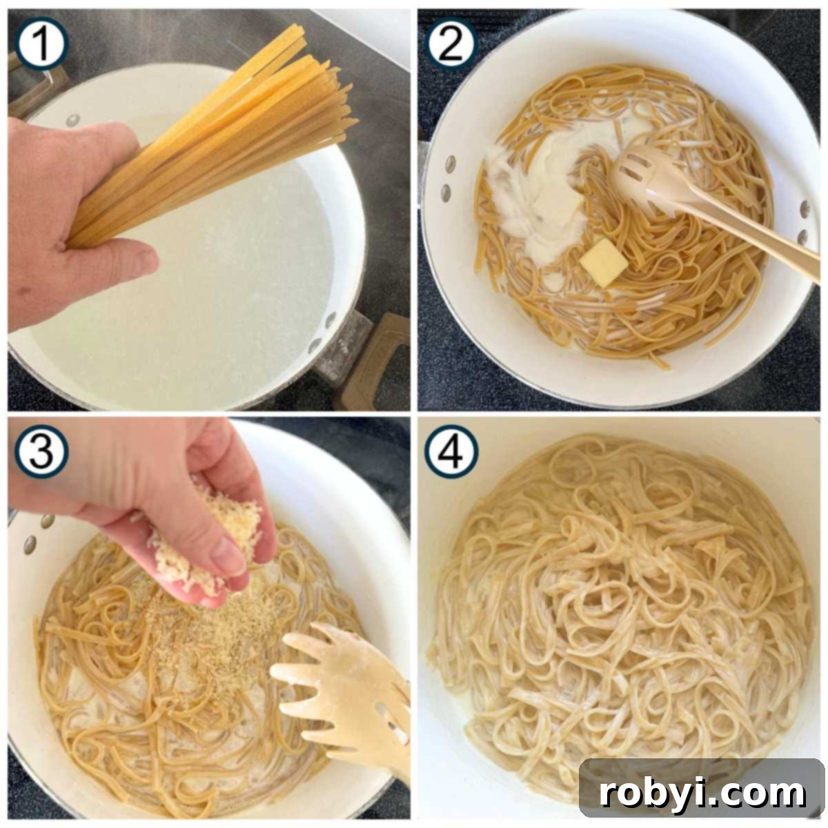 Quick and Creamy Scallop Fettuccine Alfredo 6 Numbered collage of steps to make fettuccine alfredo: 1) hand holding pasta for water, 2) pot with cooked noodles, cream, and butter, 3) hand sprinkling Parmesan cheese in pot, 4) creamy fettuccine alfredo in pot.