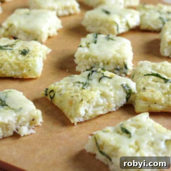Healthy Cauliflower Pizza: Bites or Crispy Crust 8 Small rectangular Cauliflower Pizza Bites arranged neatly on a wooden cutting board.