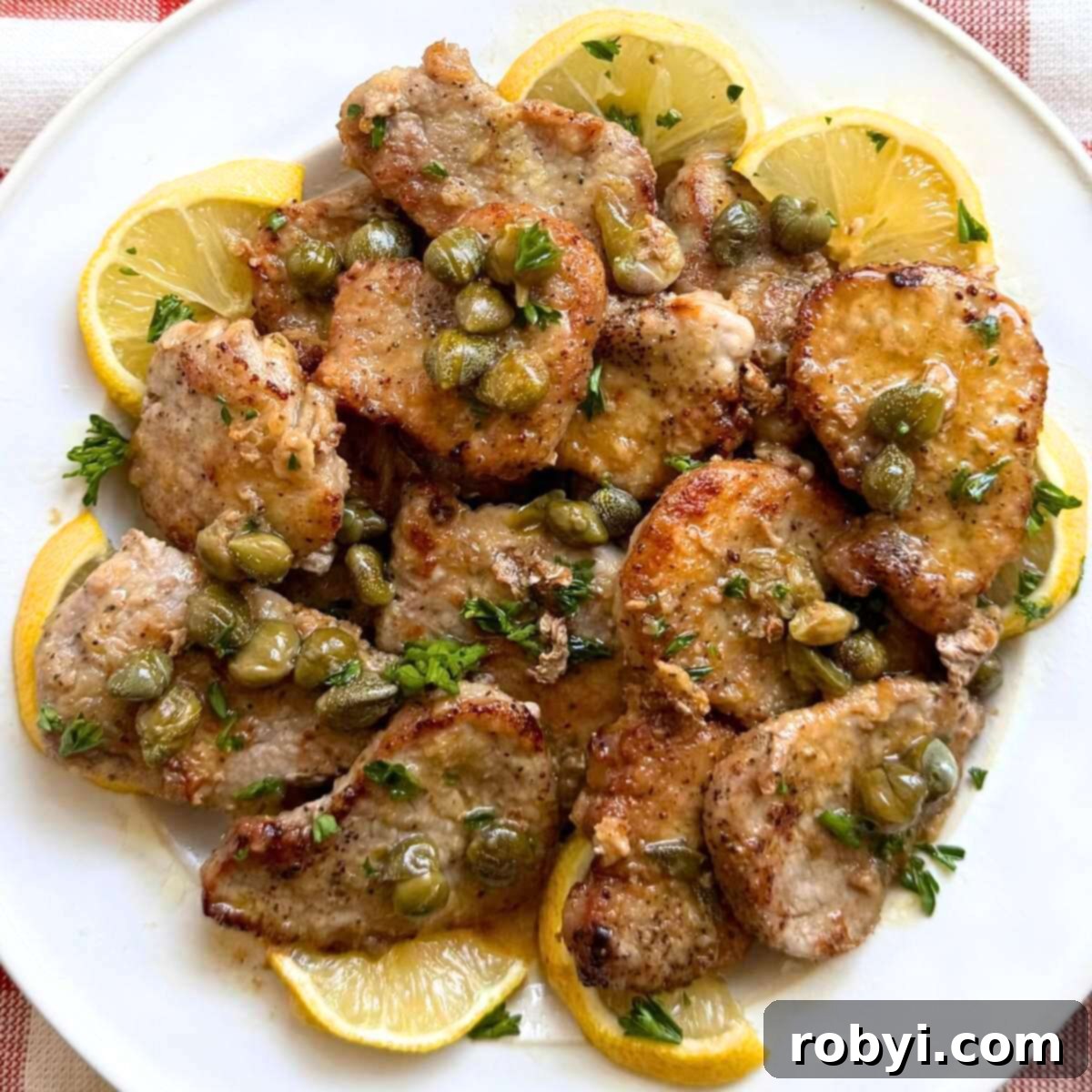 Pork tenderloin piccata with a a lemon caper sauce on a white plate surrounded by lemon slices.