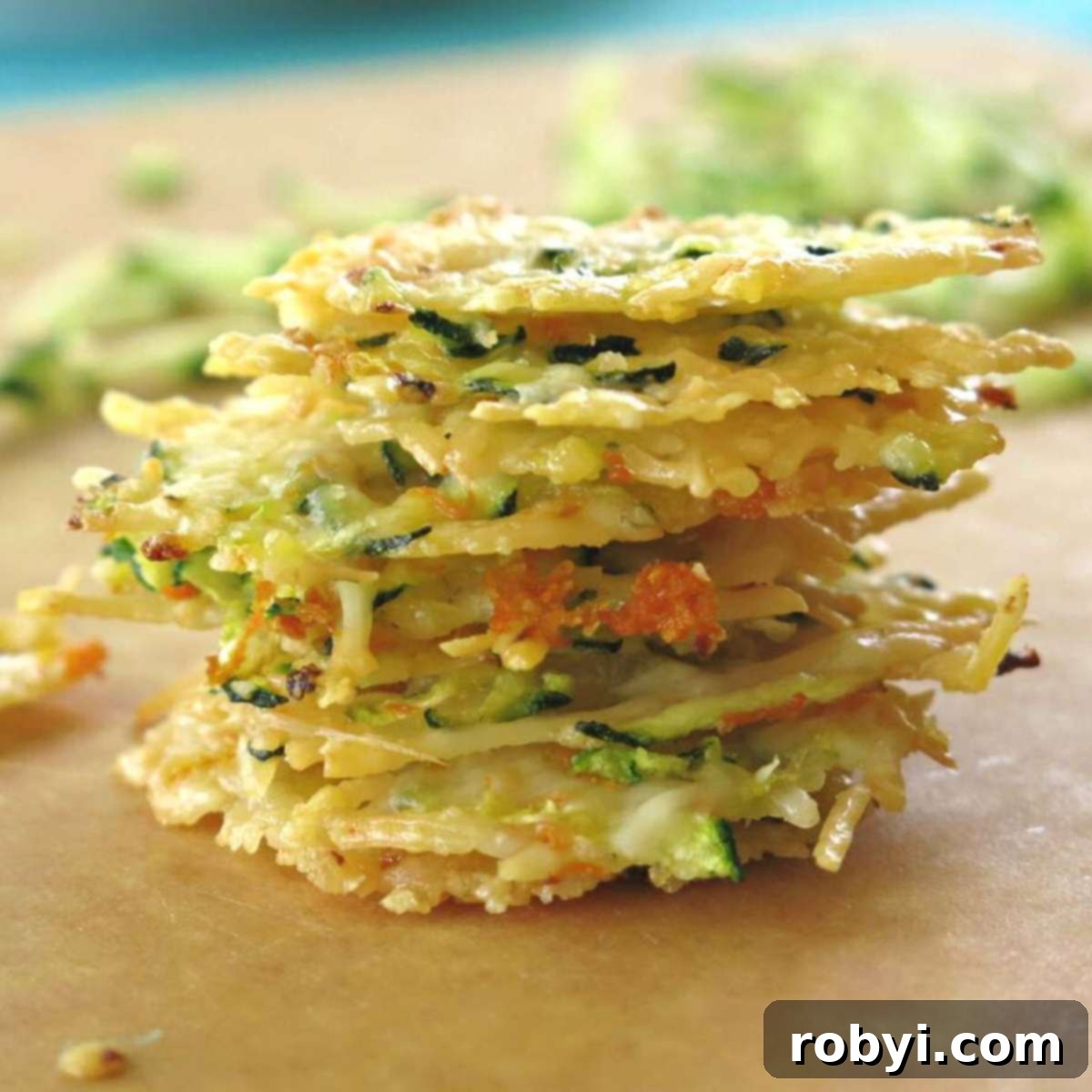 Crispy Parmesan Veggie Bites 2 Seven Parmesan Cheese Crisps oven-baked with shredded zucchini and carrot stacked in a pile.