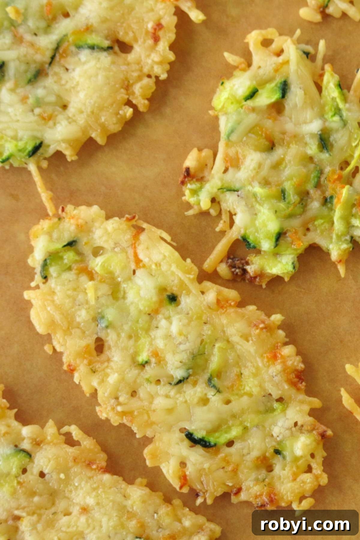 Crispy Parmesan Veggie Bites 3 Parmesan crisps baked in the oven with shreds of zucchini and carrot with one that looks like it is smiling.