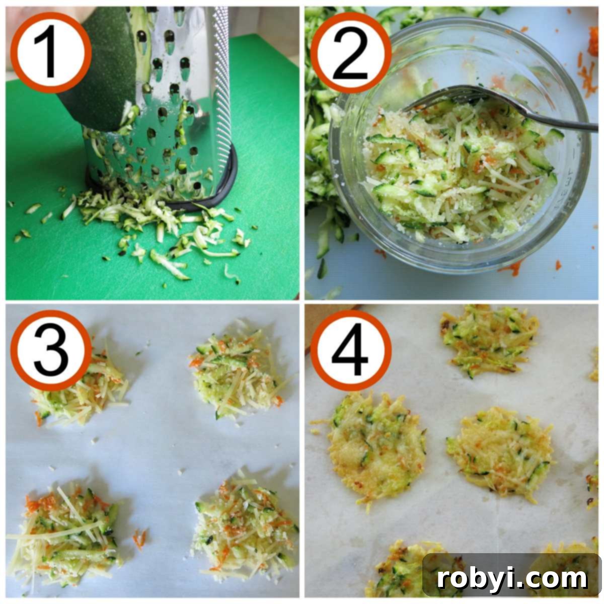 Crispy Parmesan Veggie Bites 4 Collage of directions to make parmesan cheese crisps: 1) Zucchini shreds and box grater (optional) 2) Parmesan cheese in bowl with veggie shreds, 3) uncooked parmesan crisps on parchment paper, 4) baked cheese crisps on parchment paper.