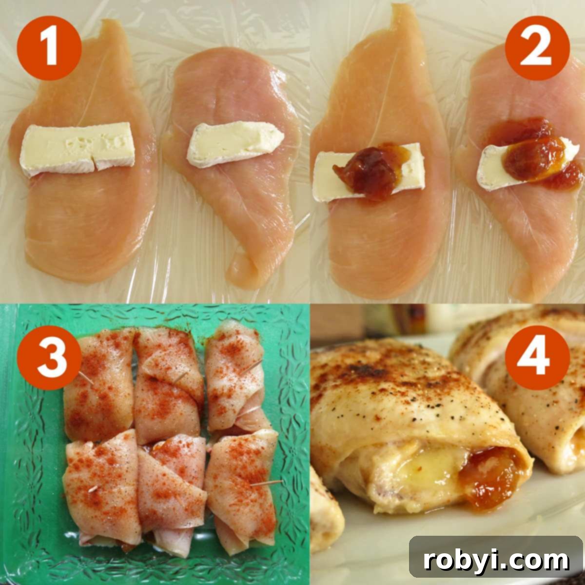A visual guide showing the preparation of chicken roulades: 1) Laying brie on chicken, 2) Adding mango chutney, 3) Rolled chicken in a baking dish, 4) Finished baked chicken roulades on a plate.