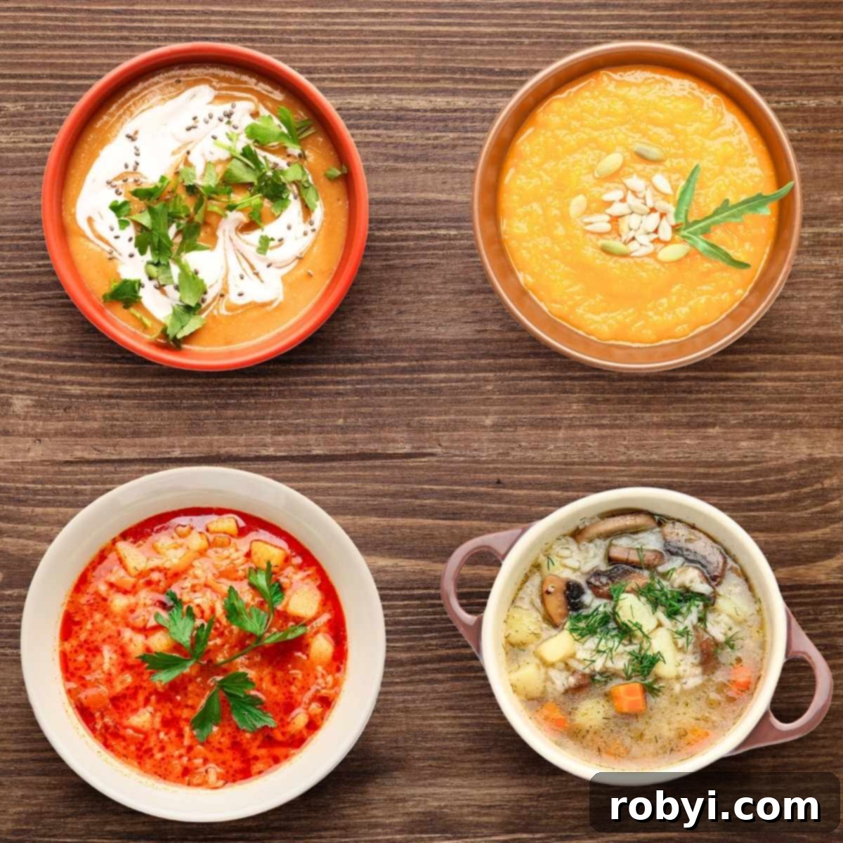 Four different bowls of soup arranged for a soup exchange party, showcasing a variety of textures and colors.