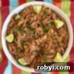 Host a Friendsgiving Feast for Less 5 Salsa pork tenderloin carnitas in a round platter with lime wedges and cilantro.