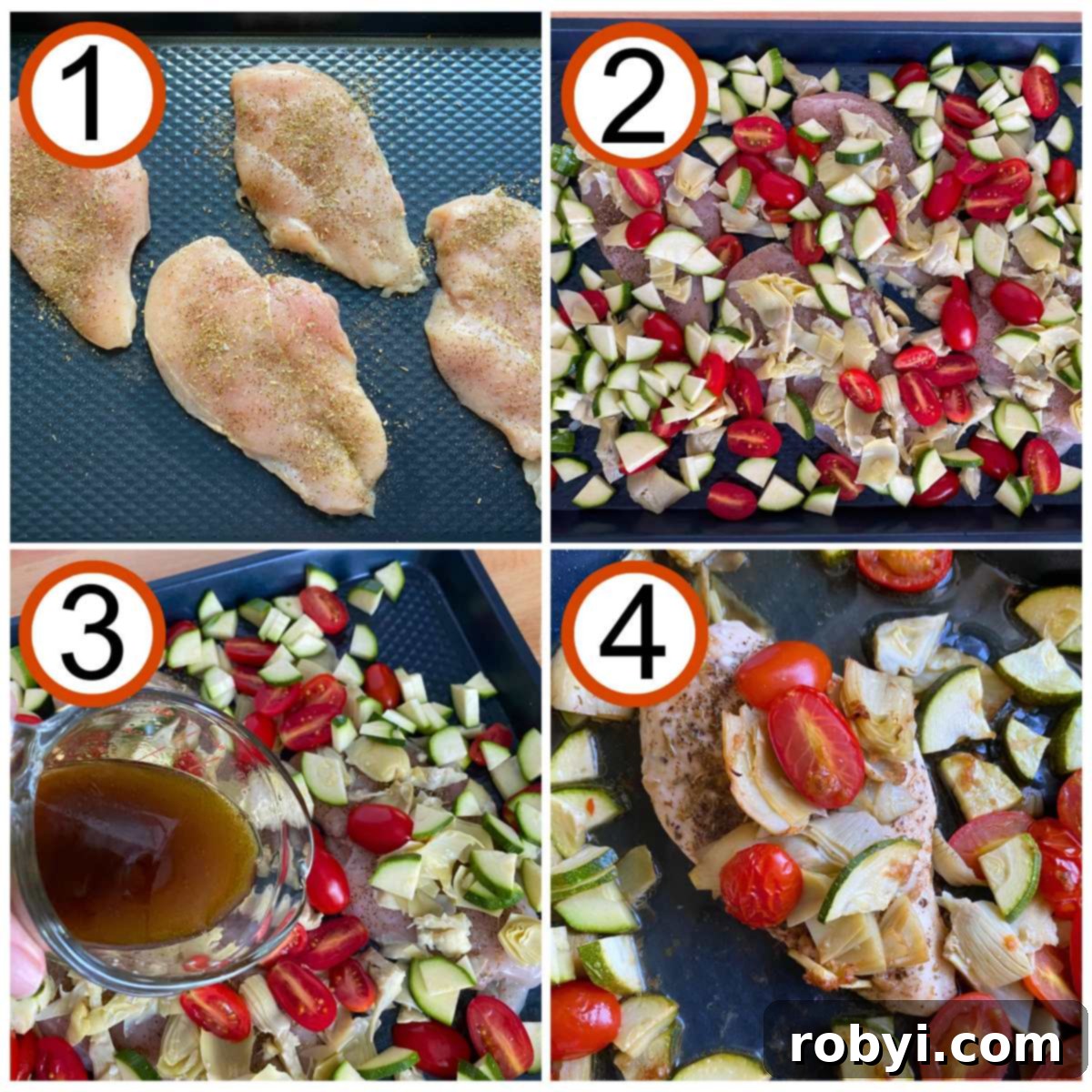 Tek Kapta Pratik Akdeniz Fırın Tavuğu 4 A collage showing the process of making Mediterranean baked chicken: 1) raw chicken seasoned on a sheet pan, 2) chicken topped with zucchini, artichokes, and tomatoes before cooking, 3) balsamic vinaigrette being poured over the chicken and vegetables, 4) the finished, cooked chicken and vegetables on the tray, golden and inviting.
