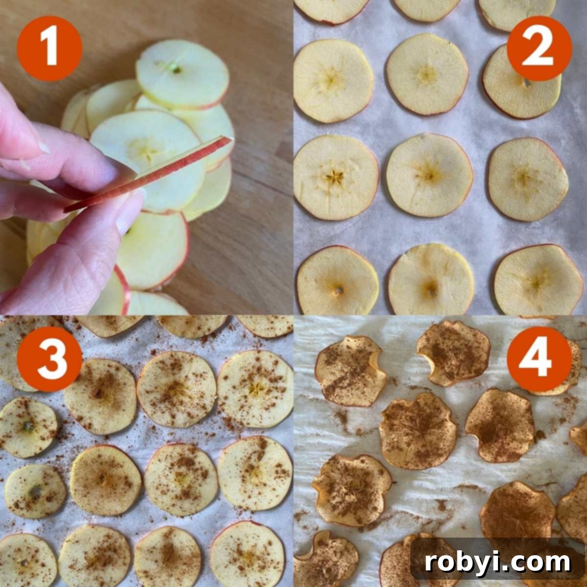Homemade Crispy Apple Chips 4 Collage of pictures to make oven-dried apple chips. 1) hand holding a ⅛ inch sliced apple, 2) apples on baking sheet, 3) apples sprinkled with cinnamon 4) baked apple chips on sheet pan.