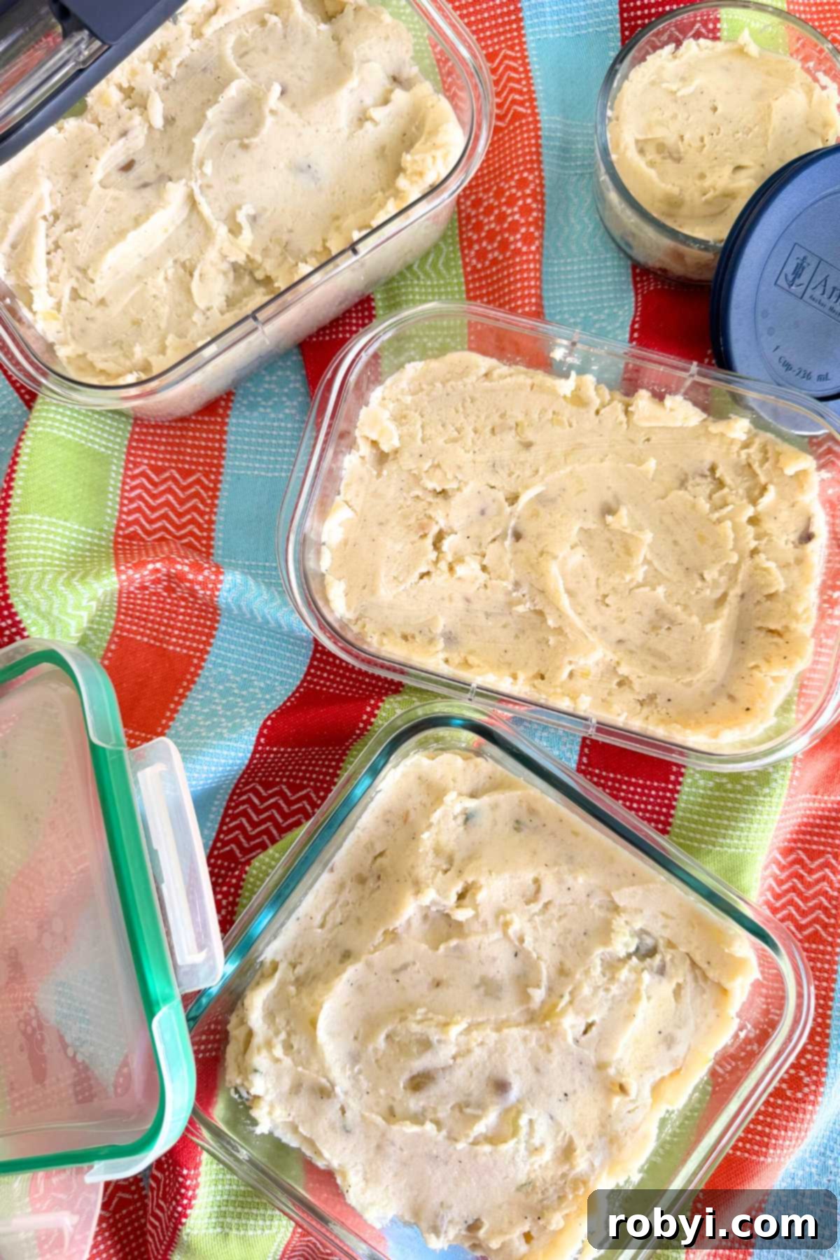 Make ahead mashed potatoes in small, medium, and large storage containers with the lids leaning against them. 