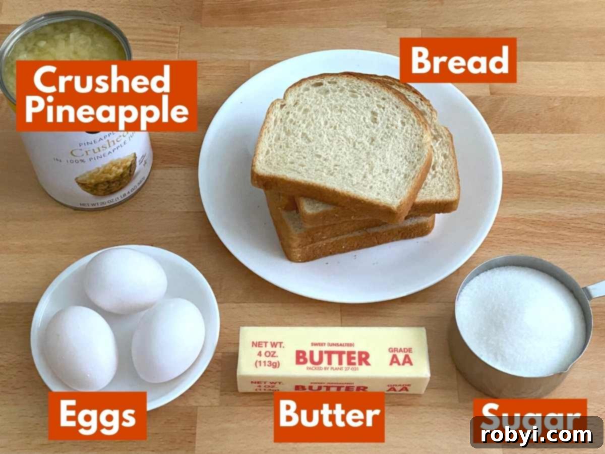 Ingredients to make pineapple souffle recipe: Crushed pineapple, bread, eggs, butter, and sugar.