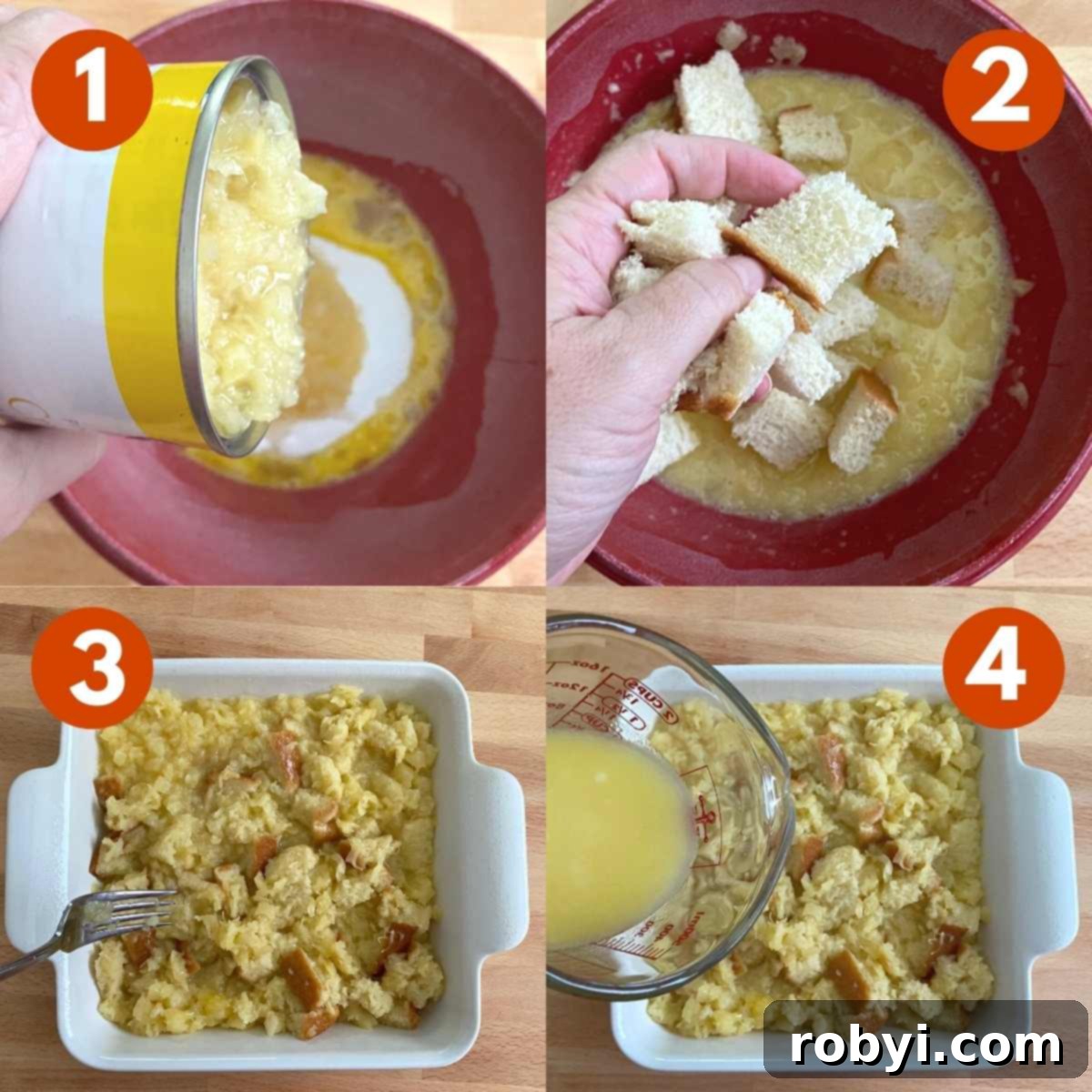 Numbered pictures of the directions to make pineapple souffle: 1) Crushed pineapple being poured into large bowl. 2) Cubes of bread being added to bowl. 3) Uncooked pineapple casserole in baking dish. 4) Melted butter being poured over casserole.