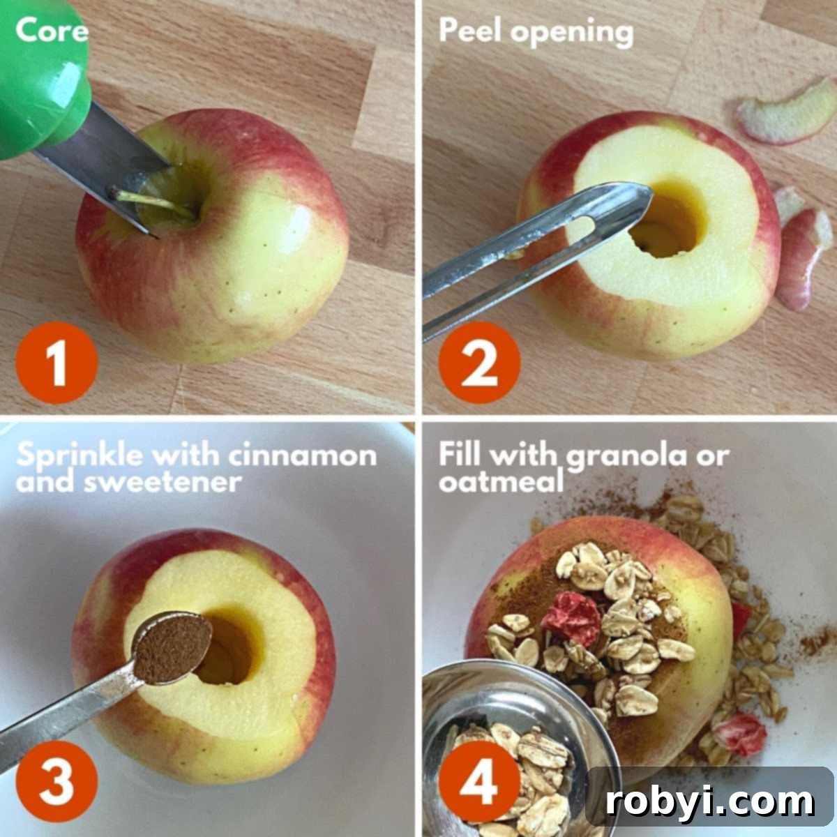 Warm Apples in Minutes 3 Numbered collage showing steps to core an apple, remove skin, and stuff it.