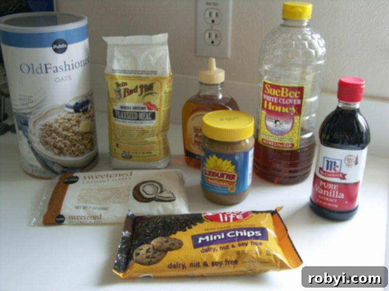 Various ingredients laid out for SunButter Energy Balls including oats, flaxseed, chocolate chips, coconut, vanilla, SunButter, and honey.