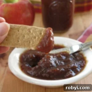 Naturally Sweet Slow Cooker Apple Butter 7 Crock-pot apple butter with low sugar on a graham cracker with a bowl of it below.