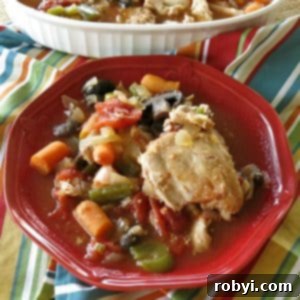 Slow Cooker Chicken Cacciatore with vegetables on a plate.