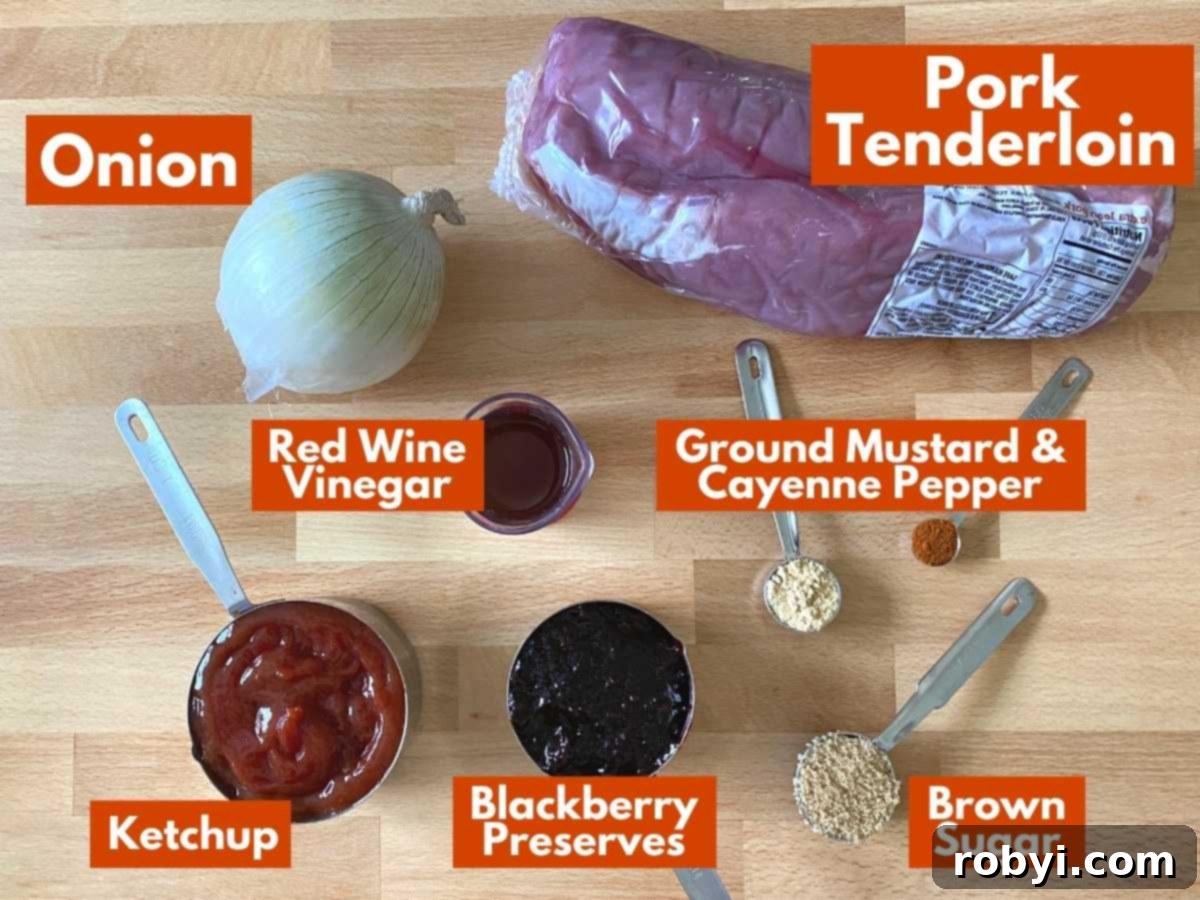 Sweet and Tangy Blackberry Slow Cooker Pulled Pork Tenderloin 3 Collage of ingredients to make pulled pork tenderloin with blackberry barbecue sauce: pork tenderloin, onion, ketchup, red wine vinegar, blackberry preserves, ground mustard, cayenne pepper, brown sugar, and pork tenderloin i packaging.